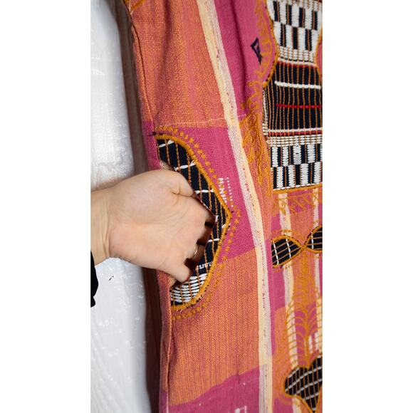 VINTAGE '70s Hand Woven Embroidered Pink & Orange Kaftan Tunic Dress ONE SIZE - Picture 15 of 16